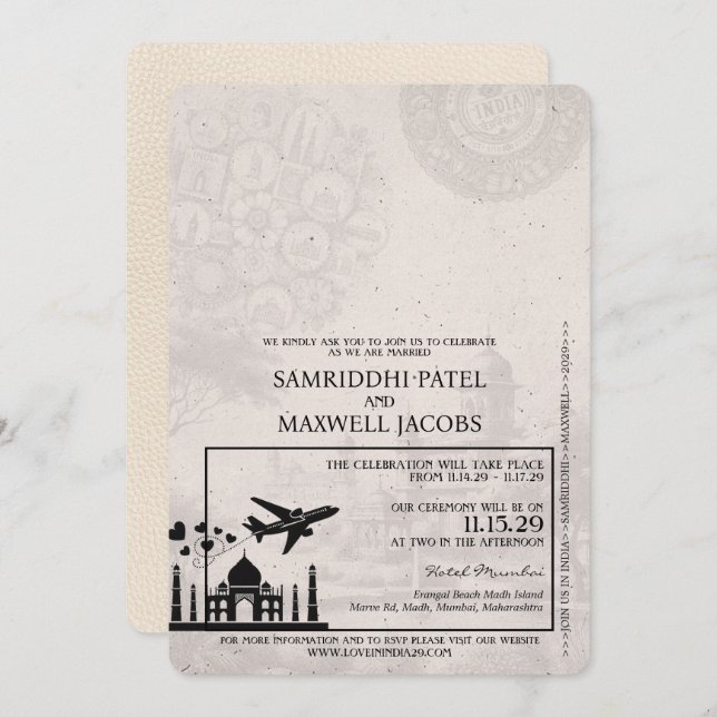 Ivory India Passport Wedding bjudande Inbjudningar (Fram/baksida)