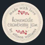 Ivory: Julhomemade Cranberry Sylt Canning Runt Klistermärke<br><div class="desc">Rustik och modern hemgjord jultomte i sylt som konserverar tranbär i sylt burk med kärlek, homemade tranbär i sylt och ert namn i modern stil på en elfenbensbakgrund med en snyggt kranbär. Lägg bara till ditt namn och produkten namn på etiketten. Enbart designad för dig av Lycklig Dolphin Studio. Kontakta...</div>