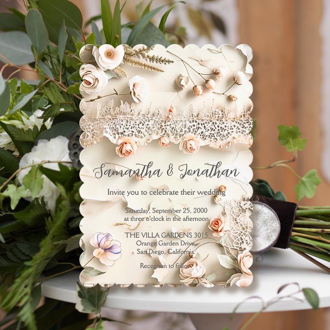 Ivory Lace Floral Photo Romantic Spring Wedding Inbjudningar (Skapare uppladdad)