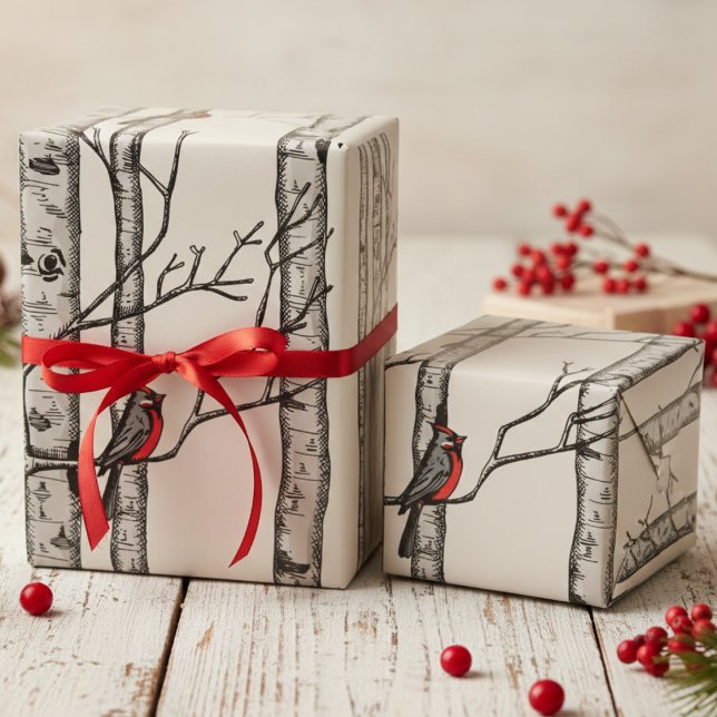 Ivory Large Birch Träd och Red Cardinal Birds Presentpapper (Festive Ivory Winter Christmas Red Cardinal Wrapping Paper. Elegant Birch Forest Trees Birds Pattern)