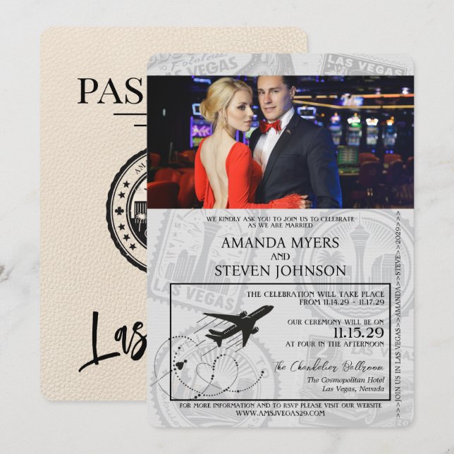 Ivory Las Vegas Passport Bröllop Inbjudningar (Fram/baksida)