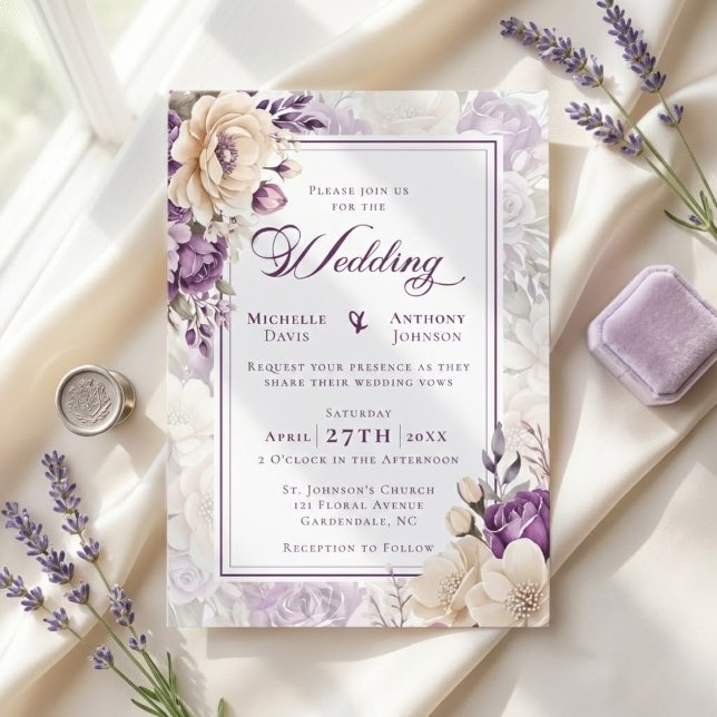 Ivory Lavender Botanical Wedding Inbjudningar (Ivory Lavender Botanical Wedding Invitation)