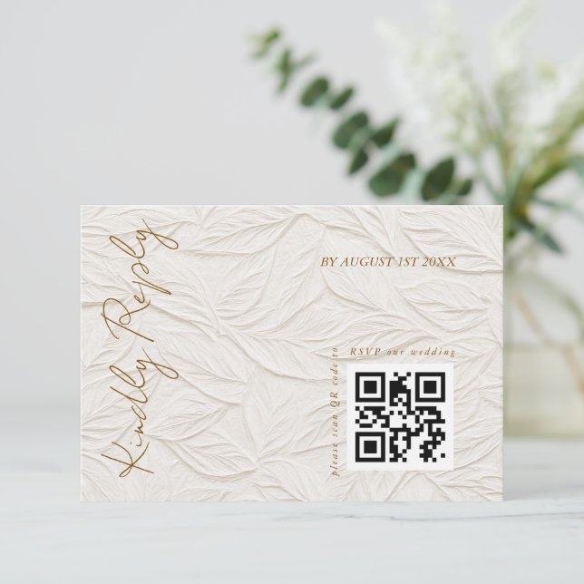 Ivory Leaves Elegant Wedding QR code  OSA Kort (Stående Fram)