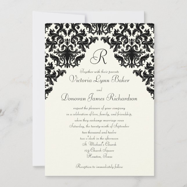 Ivory Linen and Black Damask Monogrammed Inbjudan (Framsida)