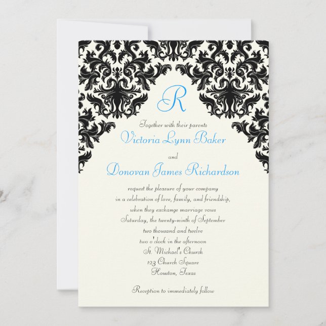 Ivory Linen and Black Damask Monogrammed Inbjudan (Framsida)