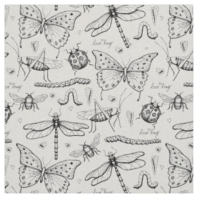 Ivory Linen Elegant Insekter Illustration Mönster Tyg (Prov)