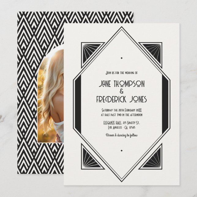 Ivory Linen & Jet Black Art Deco Wedding Photo Inbjudningar (Fram/baksida)