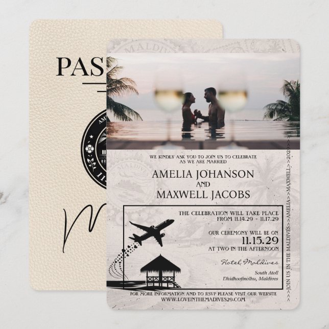 Ivory Maldives Passport Wedding bjudande Inbjudningar (Fram/baksida)
