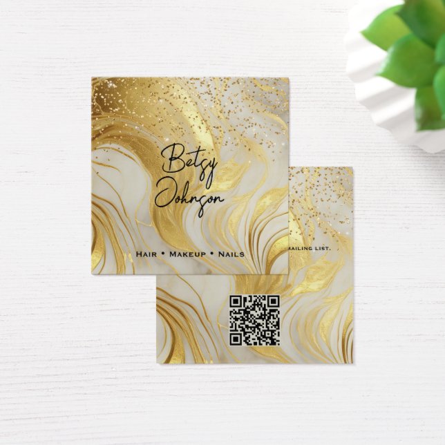 Ivory Marble and Gold Glitter Salon Business Card Fyrkantigt Visitkort (Skivbord)