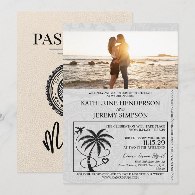 Ivory Mexico Passport Bröllop Inbjudningar (Fram/baksida)