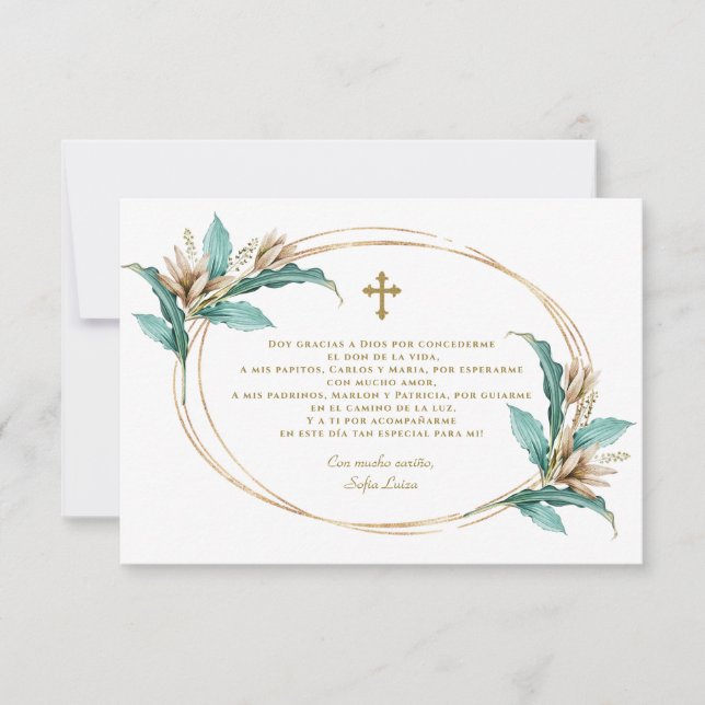 Ivory Mint Blommigt Gracias Con Oración Bautizo Tack Kort (Framsida)