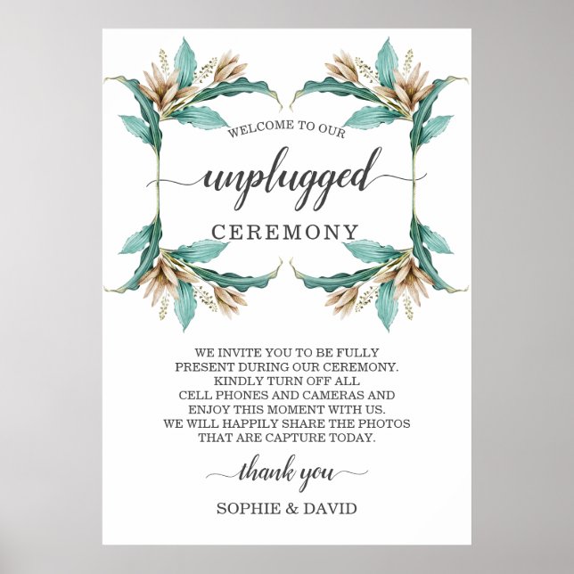 Ivory Mint Blommigt Unplugged Bröllop Ceremony Sig Poster (Framsidan)