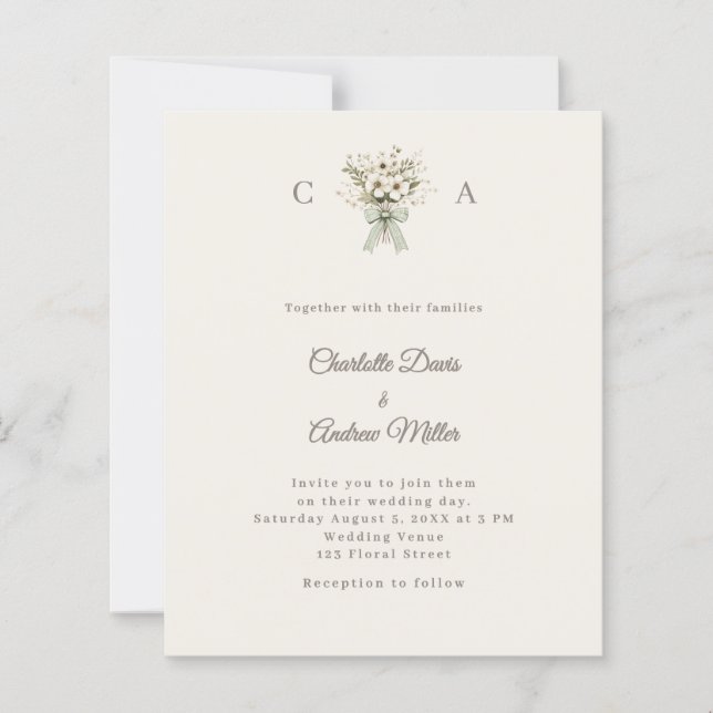 Ivory monogrammed floral green wedding invitation (Framsida)