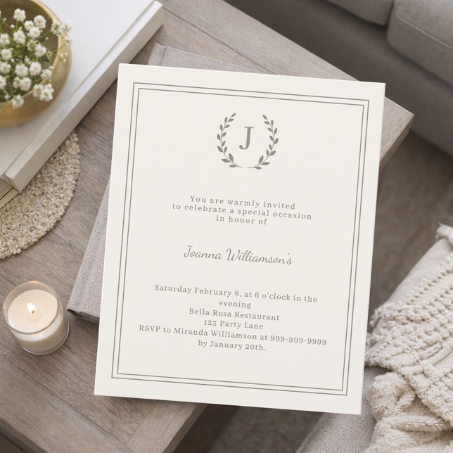 Ivory monogrammed milestone age-neutral invitation (Skapare uppladdad)