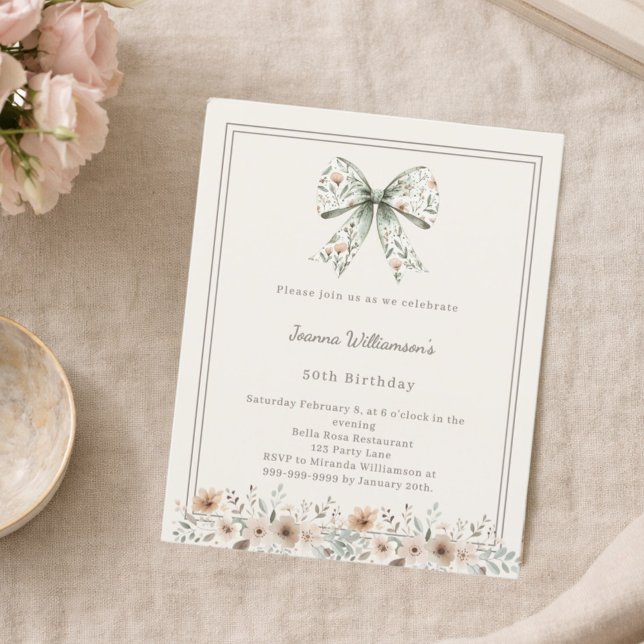 Ivory muted green bow florals birthday invitation (Skapare uppladdad)