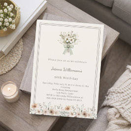 Ivory muted green floral birthday inbjudningar