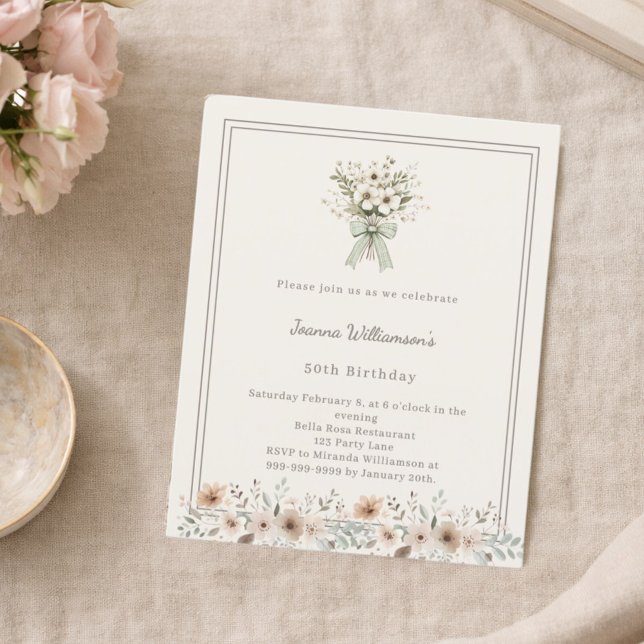 Ivory muted green floral birthday invitation (Skapare uppladdad)