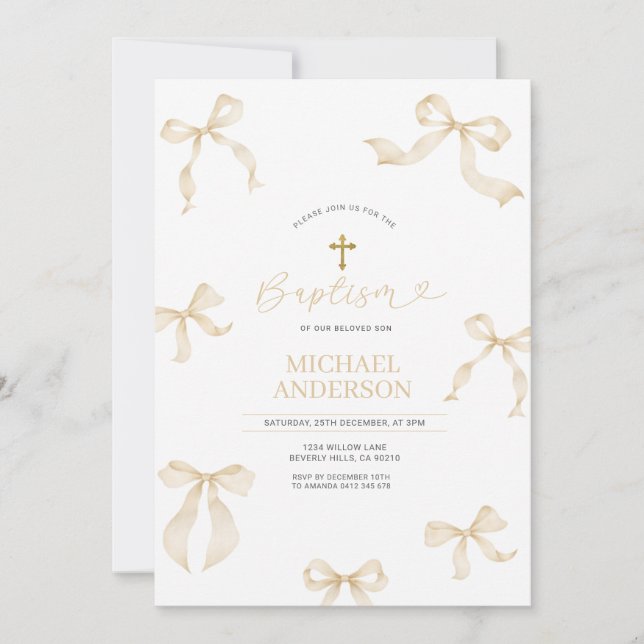 Ivory Neutral Bow Christening Invitation Inbjudningar (Framsida)
