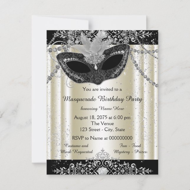 Ivory och Black Pearl Glitter Masqueraad Party Inbjudningar (Framsida)