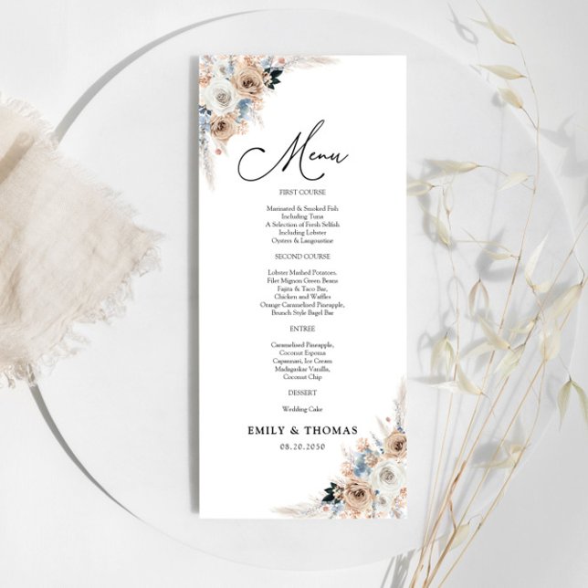 Ivory och Blue Boho Blommigt Bröllop Ceremony Menu Meny (Skapare uppladdad)