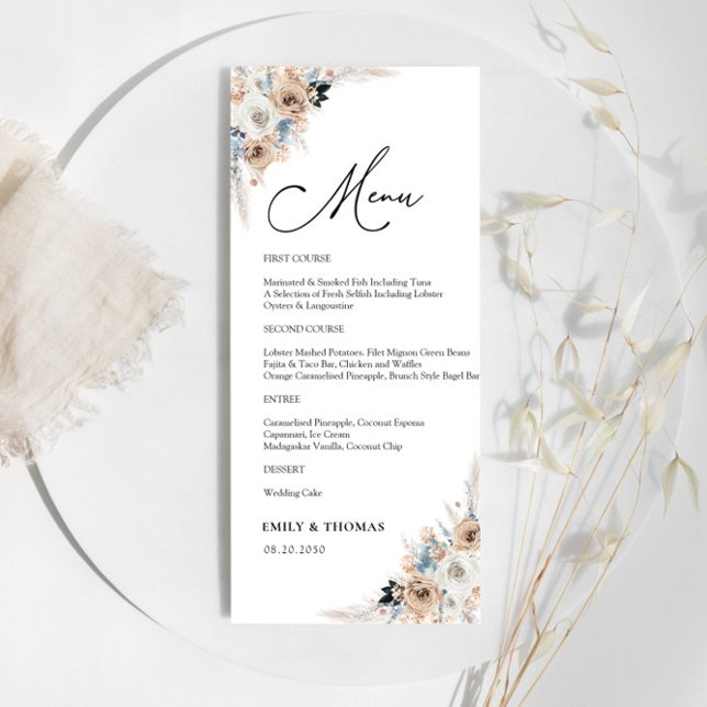 Ivory och Blue Boho Blommigt Bröllop Ceremony Menu Meny (Skapare uppladdad)