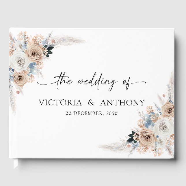Ivory och Blue Boho Blommigt Bröllop Guest Bok (Framsida)
