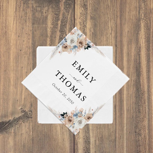 Ivory och Blue Boho Blommigt Bröllop Napkins Pappersservett (Skapare uppladdad)