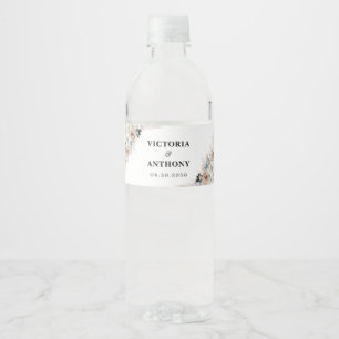 Ivory och Blue Boho Blommigt Bröllop Vattenflaska Etikett
