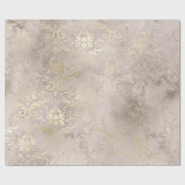 Ivory och Guld Grunge Distress Damask Presentpapper (Platt)