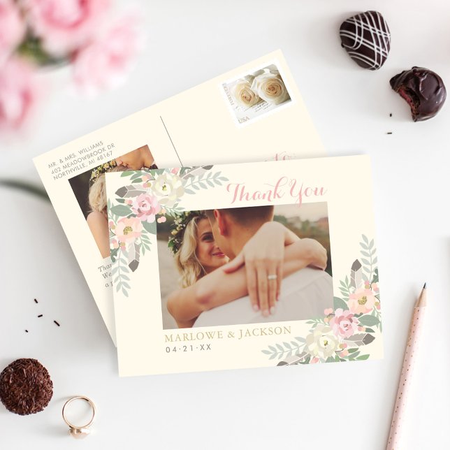 Ivory och Rosa Blommigt Boho Bröllop Photo Tack Vykort (Skapare uppladdad)