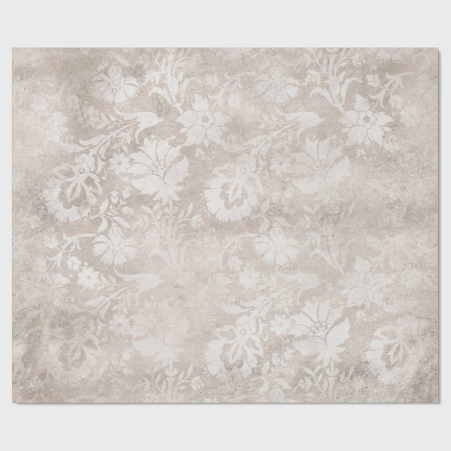 Ivory och White Grunge Distress Damask Presentpapper (Platt)