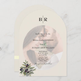 Ivory Olive Arched Photo Monogram Wedding Inbjudningar