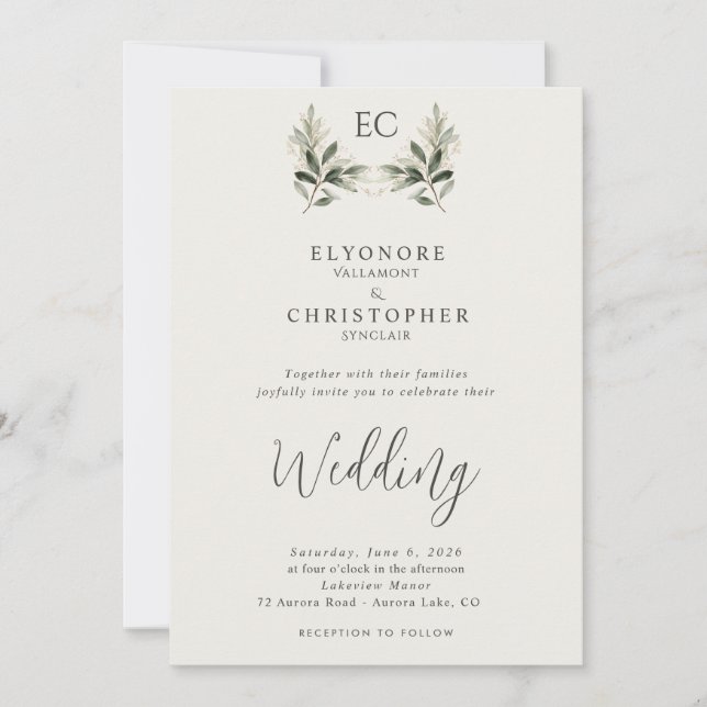 Ivory Olive Branch Monogram Photo Wedding  Inbjudningar (Framsida)