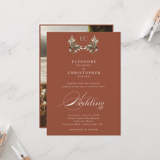 Ivory Olive Branch Monogram Photo Wedding  Inbjudningar (Fram/Back In Situ)