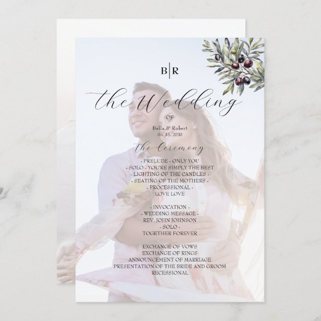 Ivory Olive Monogram Photo Wedding Program (Fram/baksida)