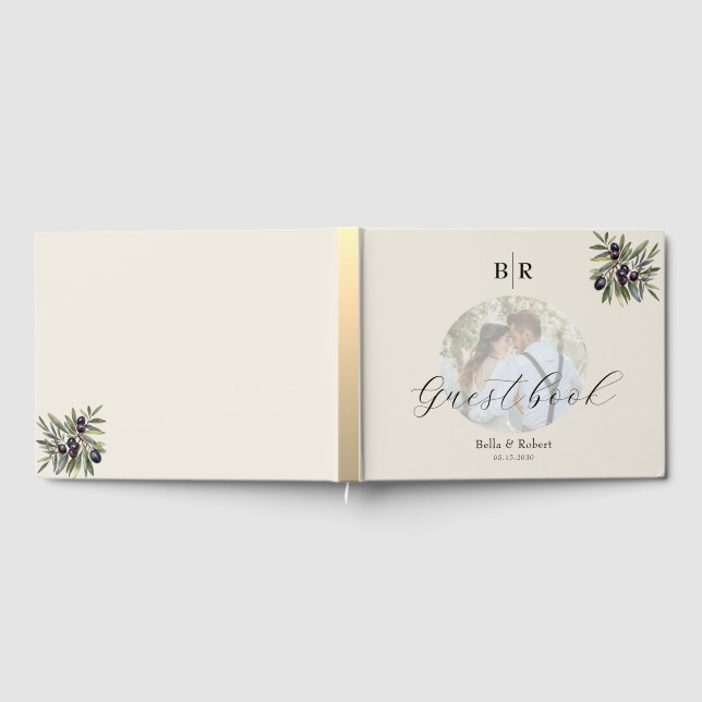 Ivory Olive Photo Monogram Wedding Gästböcker (Full)