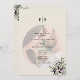 Ivory Olive Photo Monogram Wedding Inbjudningar