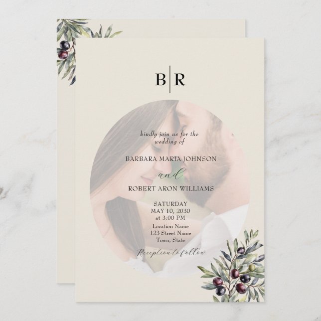 Ivory Olive Photo Monogram Wedding Inbjudningar (Fram/baksida)