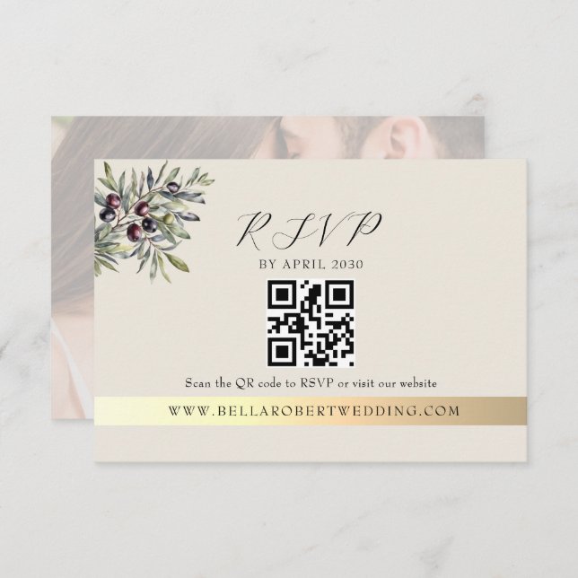 Ivory Olive Photo QR Wedding OSA Kort (Fram/baksida)