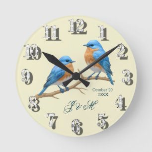 Ivory Pastel Lovebird Romantic Bluebirds Bröllop Rund Klocka