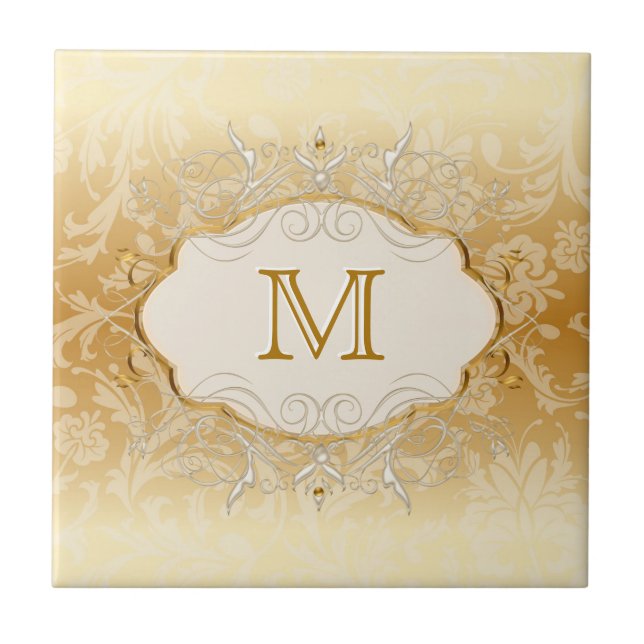Ivory Pearl och Guld Monogram Kakelplatta (Framsidan)