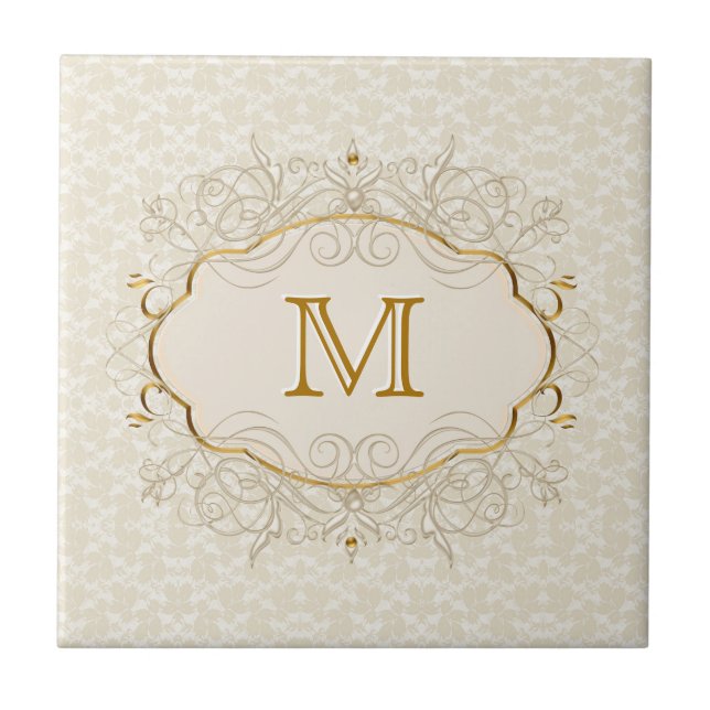Ivory Pearl och Guld Monogram Kakelplatta (Framsidan)