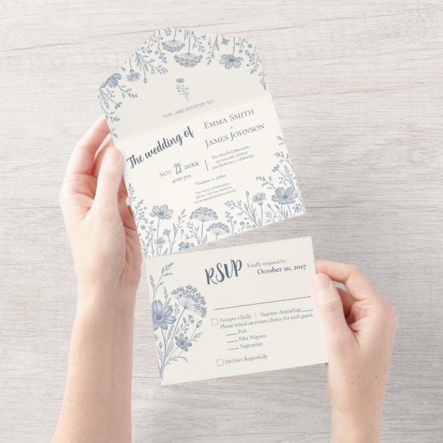 Ivory Periwinkle Wildflower All in One Invitation (Avrivbar del)