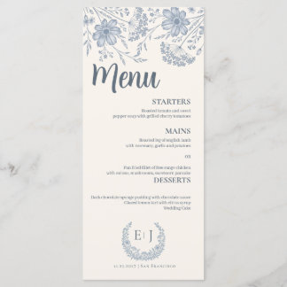 Ivory Periwinkle Wildflower Line Art Wedding Menu Meny