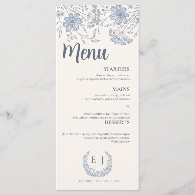 Ivory Periwinkle Wildflower Line Art Wedding Menu Meny (Framsida)