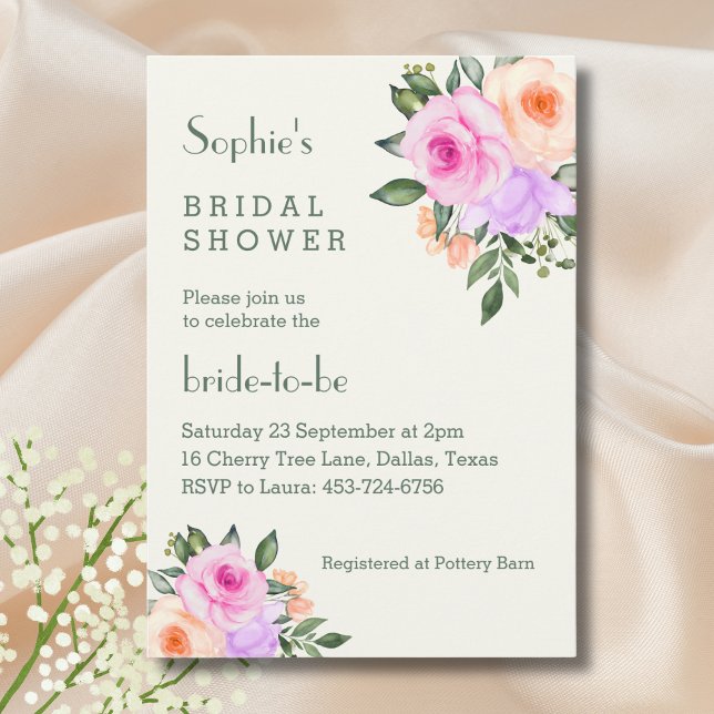 Ivory Pink Floral Roses Bridal Shower Inbjudningar (Skapare uppladdad)