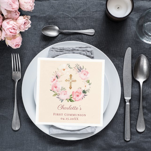 Ivory pink floral wreath First Communion luncheon Pappersservett (Skapare uppladdad)