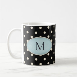 Ivory Polka dots på svart Blek Blue Oval Monogram Kaffemugg