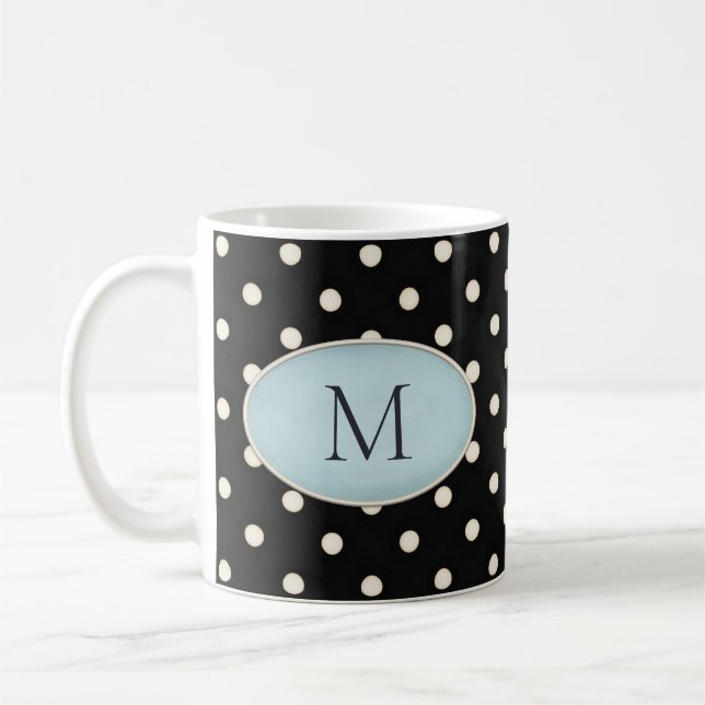 Ivory Polka dots på svart Blek Blue Oval Monogram Kaffemugg (Vänster)