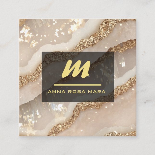 *~* Ivory QR Agate Black Guld Glitter Initial AP66 Fyrkantigt Visitkort (Framsida)